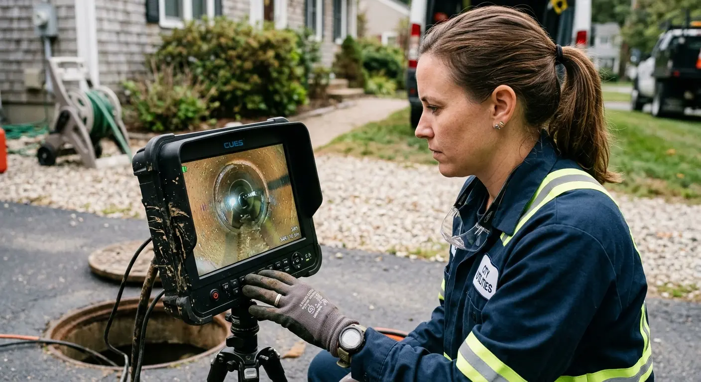 Technician reviewing sewer camera inspection footage in Vidor