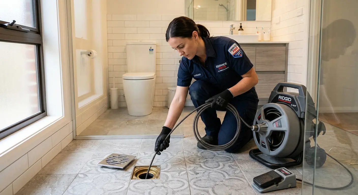 Technician clearing a bathroom floor drain for Sewer Line Installation in Vidor